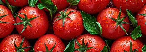 ai generado lozano rojo tomate con Fresco verde hojas, vibrante parte superior vista, Perfecto para culinario usar, recién escogido con brillante agua gotas, Fresco tomate antecedentes foto