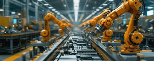 AI generated Advanced robotic assembly lines in a vast industrial factory, illuminated by the warm glow of afternoon light, showcasing the future of industrial automation photo