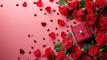 AI generated Elegant Valentine's Day background, Red roses and diamond ring on pastel pink for romantic wedding invitations and love celebrations photo