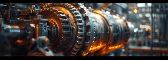 AI generated Heavy Machinery at Work Inside a Large Factory Illuminated by the Warm Glow of Afternoon Light, Showcasing Industrial Precision and Technology photo