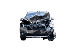 Car crash, Front view of new bronze car get damaged by accident on the road. damaged cars after collision. isolated on trasparent background, car crash bumper graphic design element, PNG File