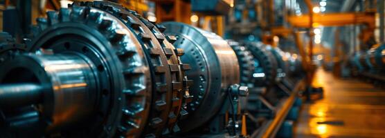 AI generated Heavy Machinery at Work Inside a Large Factory Illuminated by the Warm Glow of Afternoon Light, Showcasing Industrial Precision and Technology photo