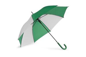 Opened umbrella isolated on white background with clipping path. Umbrella with handle for mock up. copy space, design template for mock-up, branding, advertise etc. Studio Photography shoot photo