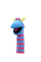 little funny sock puppet isolated on white background. hand theater soft toys collection. space for text. top view. high resolution close up. studio shot. photo
