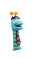 little funny sock puppet isolated on white background. hand theater soft toys collection. space for text. top view. high resolution close up. studio shot. photo