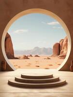 AI generated a round podium stage in a interior with a round arch in the desert photo