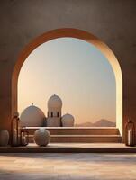 AI generated an interior with a desert and mosque landscape through the Islamic archway with oil lamps as decoration photo