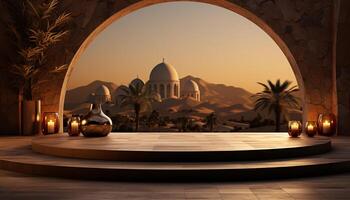 ai generado un interior con un Desierto paisaje mediante el islámico arco con petróleo lamparas como decoración en podio etapa foto