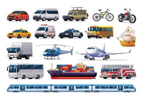 Set of transportation vehicles. Various kinds of vehicles. Vector cartoon illustration