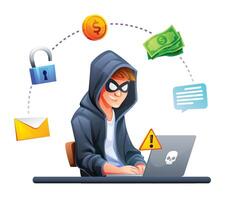 Hacker with laptop computer stealing information and confidential data. Cyber attack and security concept. Vector cartoon illustration