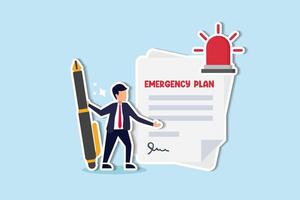 crear negocio emergencia plan, desastre Lista de Verificación para negocio continuidad y resiliencia. concepto, inteligente empresario líder participación lápiz con papel de emergencia plan brillante sirena. vector