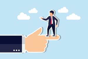 Manage coworker conflicts, navigate diverse thoughts, address disagreements, and tackle decision issues effectively concept, tiny businessman standing on giant hand pointing in opposite direction. vector
