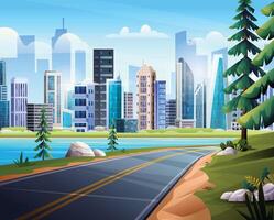 Road to city landscape illustration. Nature highway with river and cityscape views. Vector cartoon background