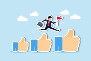 Career advancement Achievements, promotions, appreciation for successful employees concept, happy businessman holding winner flag jumping up growing thumbs up sign. vector