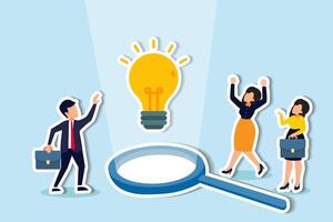 Gain intel for competitive edge, win in competition, uncover business outlook concept, business people team looking at lightbulb floating from magnifying glass. vector