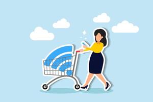 Shop easily on mobile, buy products via user-friendly e-commerce app or website concept, happy young woman using mobile e-commerce app with big wifi sign in shopping cart trolley. vector