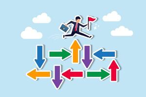 Conquer uncertainty Decision-making, determination for success, courage to tackle adversity, solve problems concept, businessman jumping on uncertainty random direction arrows. vector