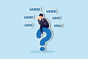 5w1h asking questions for solution to solve problem, thinking process or business analysis to get new idea concept, calm businessman on large question mark thinking of who what where when why and how. vector