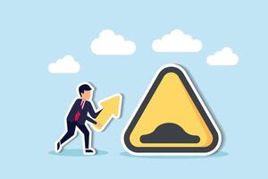 Business slowdown due to obstacles, watch for crises, economic downturn, and recession risks ahead concept, businessman running with arrow to find speed bump slow down sign. vector