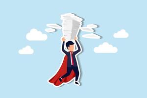 Manage busy tasks, handle workload, multitask efficiently within deadlines, organize documents, stay effective and productive concept, businessman superhero carry load of paperwork documents. vector