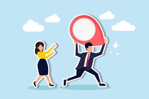 In the concept of relocating a business office to a new address, joyful businessmen and businesswomen run towards the new destination, carrying an address pin or map mark. vector