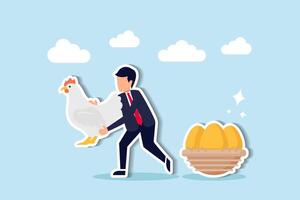 In the realm of high-return investments and successful retirement planning, a joyful businessman holds a large white hen, symbolizing a precious golden egg. vector
