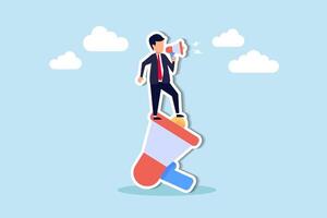 Leader communication, executive management skill to communicate with employee, send important message or announcement concept, businessman leader standing on big megaphone giving speech to public. vector