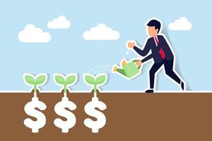 Dividend investment, prosperity and economic growth or saving and business profit concept, happy businessman investor holding watering can to watering grow sprout seedling he plant from dollar sign. vector