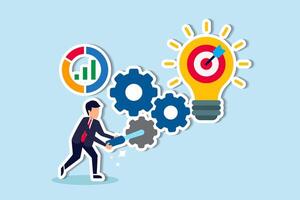 Initiate or execute projects, research or implement business ideas for results, strive to develop ideas and achieve business goals concept, businessman turn cog wheels to light up lightbulb idea. vector