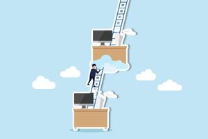 Career advancement Promotions, success ladder, progress towards goals, challenges, ambitions concept, businessman climb up ladder from his working desk to higher level. vector