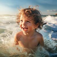 ai generado niño baños en mar foto