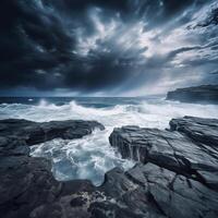 AI Generated sea stormy landscape over rocky coastline photo