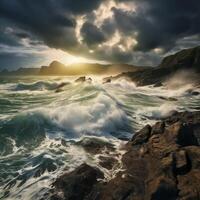 AI Generated sea stormy landscape over rocky coastline photo