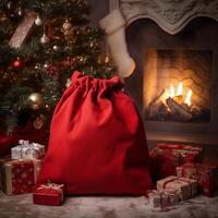 ai generado Papa Noel bolso con regalos Navidad árbol foto