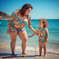 ai generado rechoncho madre y hija en playa foto