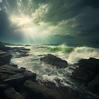 AI Generated sea stormy landscape over rocky coastline photo