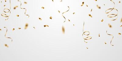 Golden confetti and zigzag ribbon falling from above streamer, tinsel vector