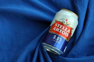 KYIV, UKRAINE - 4 MAY, 2023 Can of Stella Artois beer without alcohol and low in calories photo