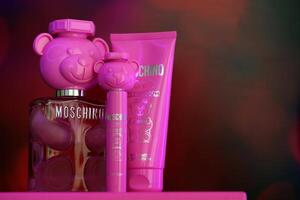 KYIV, UKRAINE - 4 MAY, 2023 Bottle of Toy bubble gum perfume by Moschino, is an Italian luxury fashion house founded in 1983 by Franco Moschino photo