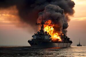 AI generated War concept. Night battle scene at sea. warship on fire. Neural network AI generated photo