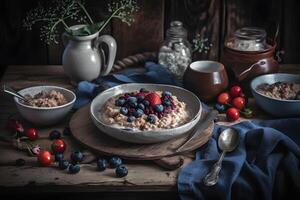 AI generated Healthy bowl of oatmeal with berries. Neural network AI generated photo