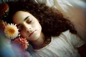 ai generado joven bonito niña dormido en flores neural red ai generado foto