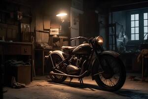 AI generated Old vintage motorcycle in the garage. Neural network AI generated photo