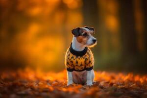 ai generado gracioso perro Jack Russell terrier sentado en el hojas en el parque en un otoño día. neural red ai generado foto