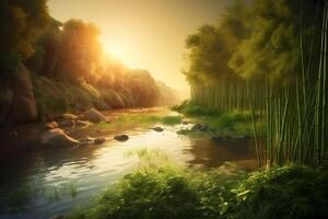 AI generated River and forest landscape sunset. Neural network AI generated photo