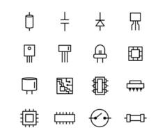 Vector black line icon set electronic component. Computer digital datum hardware chip and electricity pictogram. Power element tech device and collection microchip industry