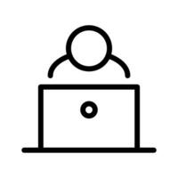 Vector black line icon man working at a computer isolated on white background