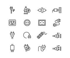 Vector black line icon set plug connection. Symbol cable technology power connect computer and cord equipment. Network device pictogram switch and collection mains outlet hardware