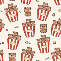 Seamless pattern of cute teddy bear popcorn with star background.Wild animal character cartoonMdesign.Snack.movie.Cinema.Baby clothing.Kawaii.Vector.Illustration. vector