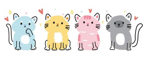 Set of cute cat various poses in line hand drawn style.Pet animal character cartoon design.Meow lover collection.Minimal.Kawaii.Vector.Illustration. vector